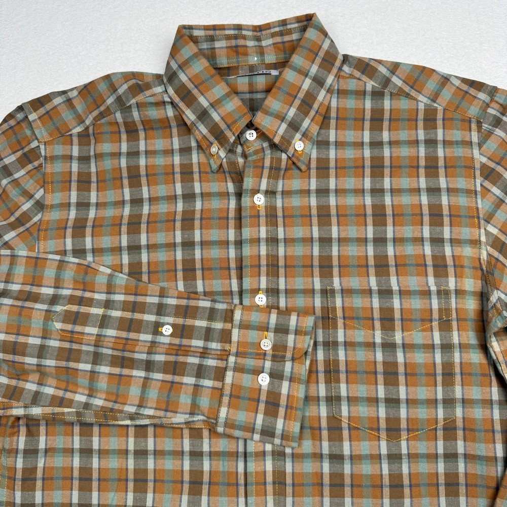 Gustin Shirt Mens Medium Brown Plaid Long Sleeve Button Up Made In USA Cotton